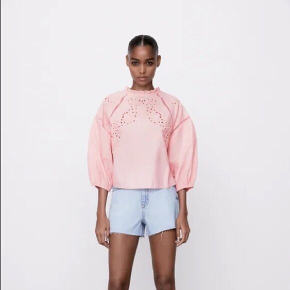 Zara Embroidered Eyelet Blouse New Pink Barbiecore - Picture 3 of 7
